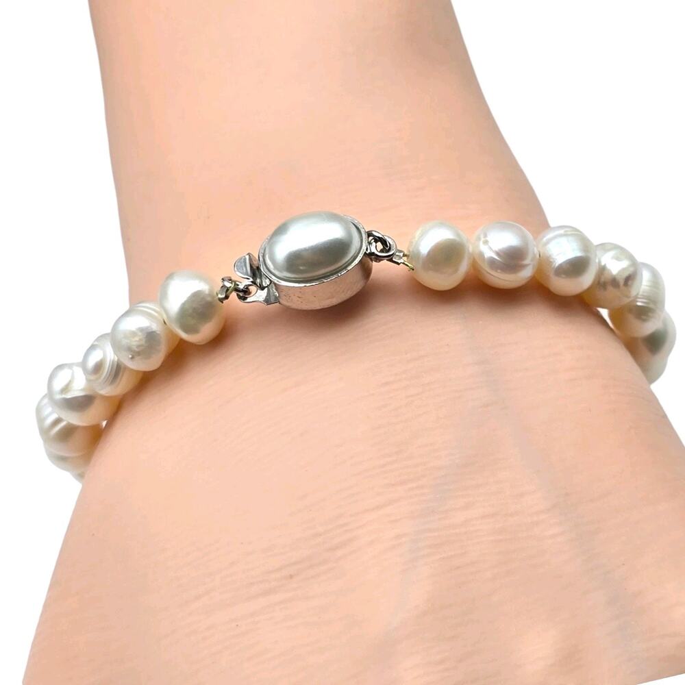 Real Freshwater Pearl Bracelet Slide Box Closure Cabochon Bead Accent 6.75"
